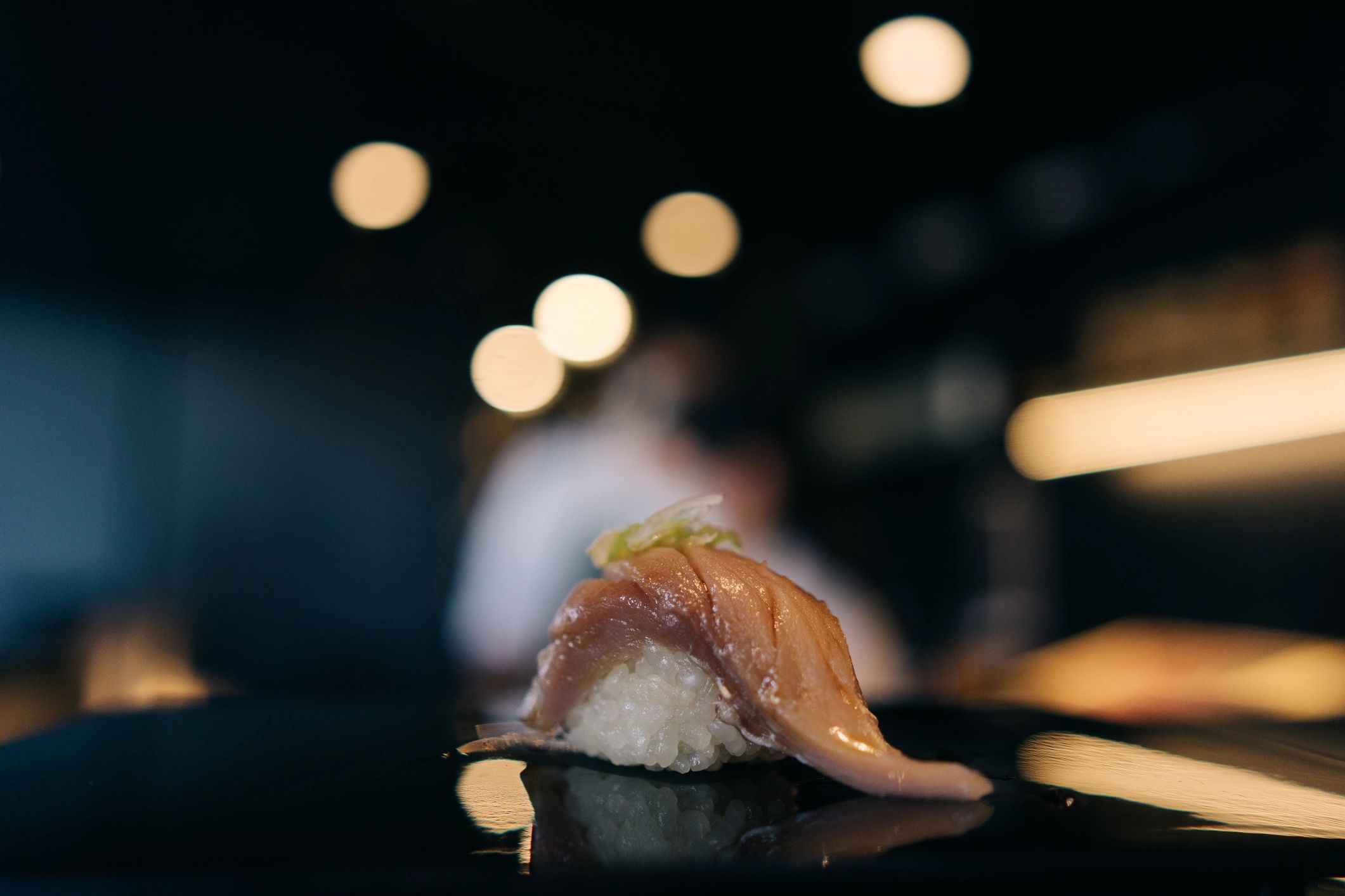 Nigiri sushi served in restaurant style