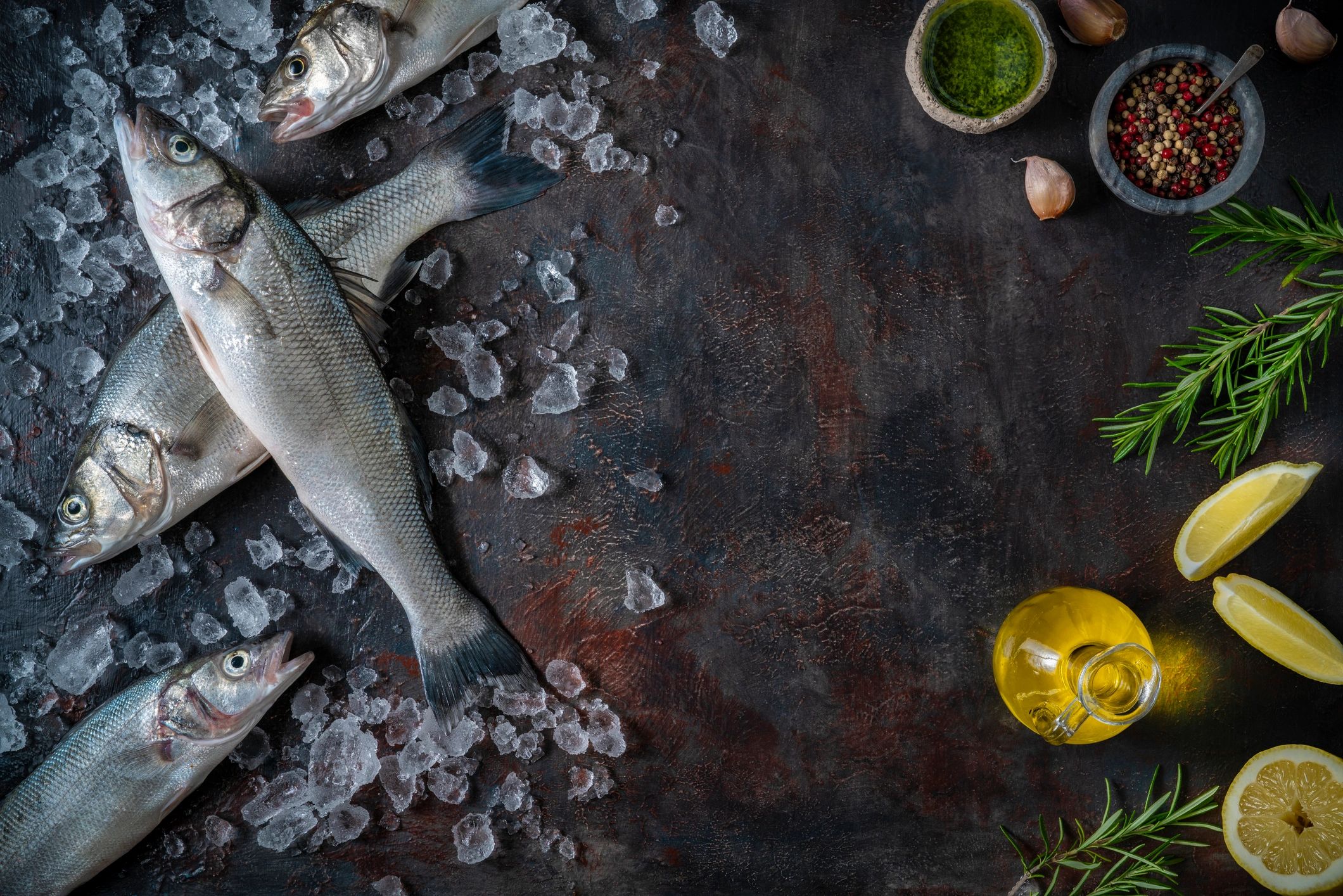 Fresh seabass displayed on ice