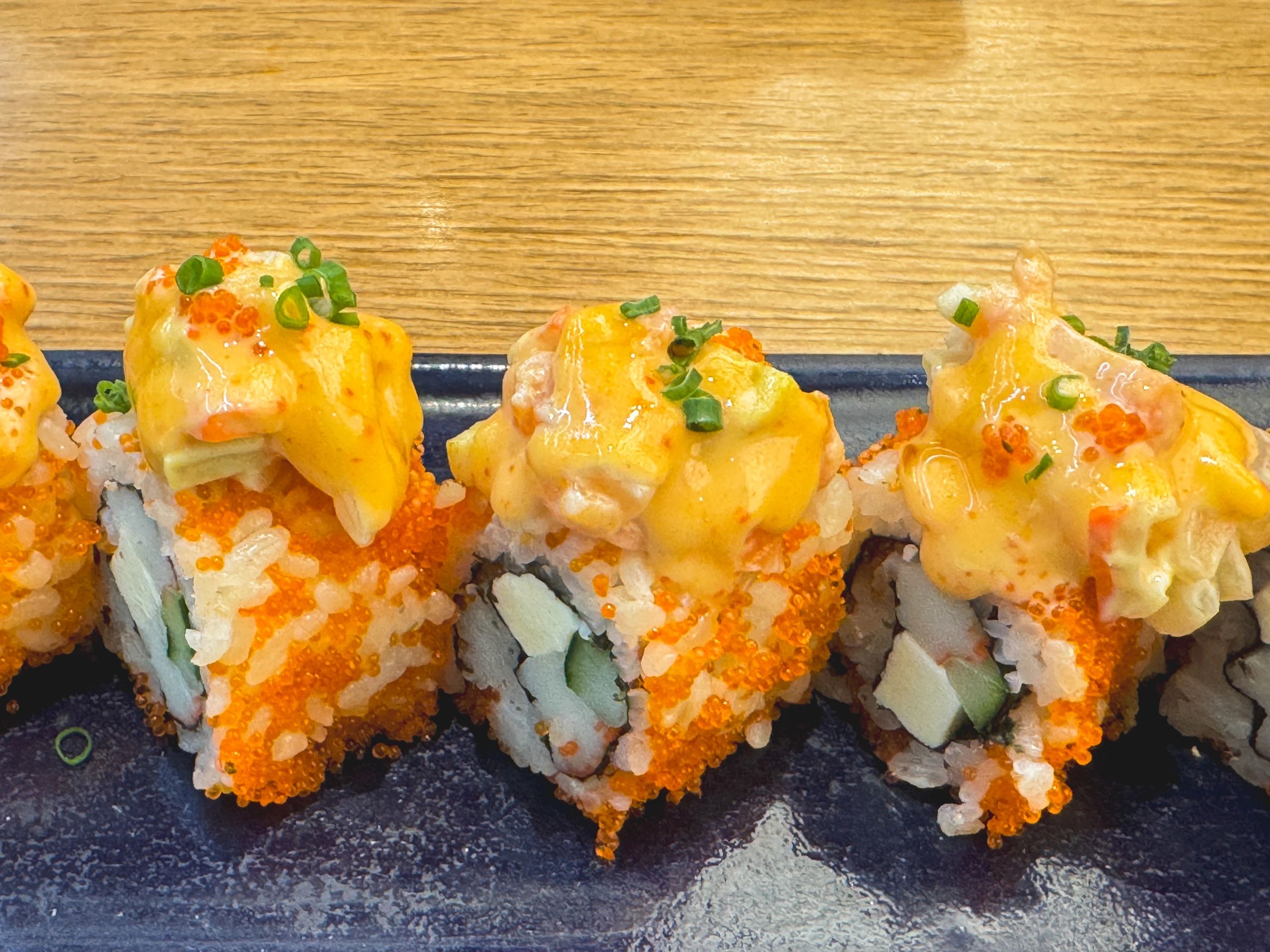 Close-up of salmon sushi rolls